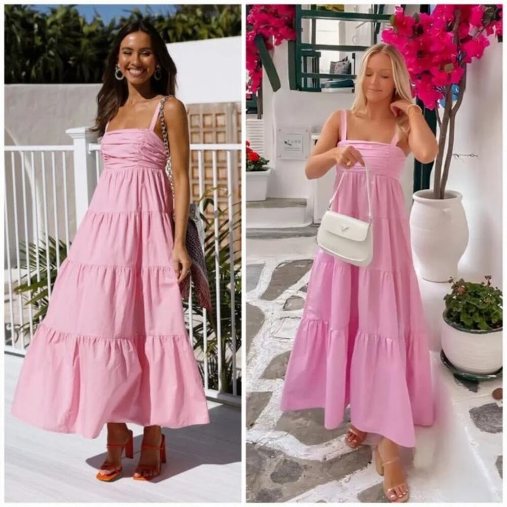 Zara Pink Cotton Tiered Poplin Maxi Dress Ruched Bodice Size L